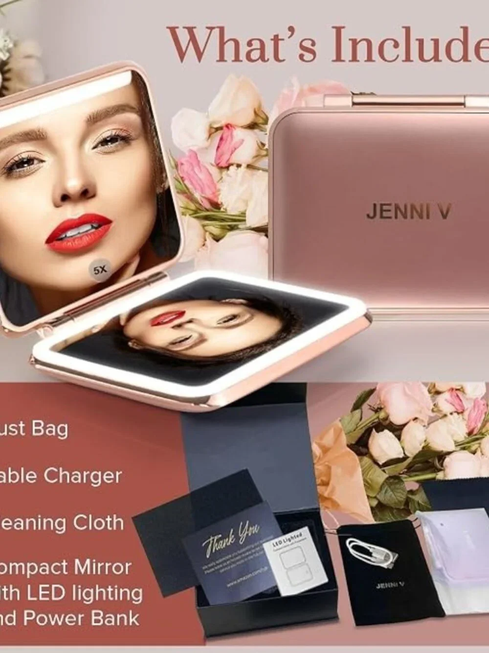 Jenni V Rose Gold LED Lighted Compact Mirror 5X Magnifying Power Bank